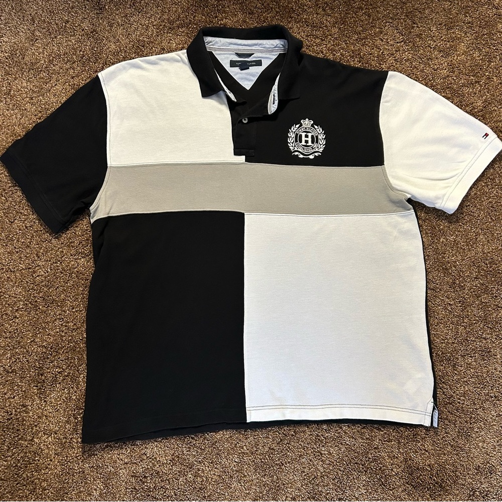 Tommy Hilfiger Crest Polo Shirt XXL - 90s Vintage Style Colorblock - Black/White